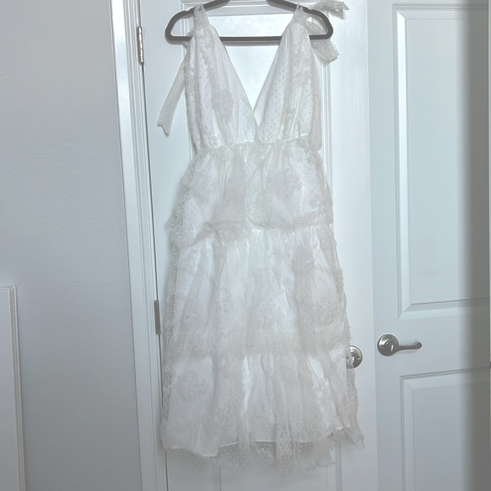 White Midi Tull Dress with Floral Embellishments